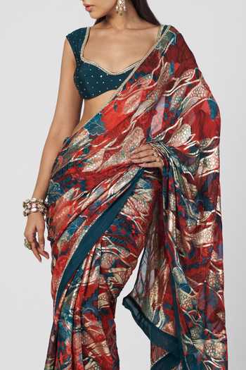 Buy_Rishi And Vibhuti_Multi Color Silk, Georgette, Chanderi, Jacquard Jugmug Printed Saree With Blouse _Online_at_Aza_Fashions
