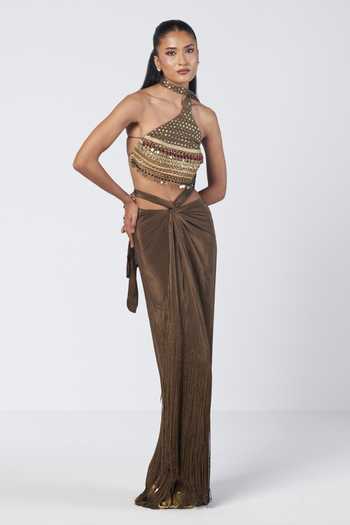 Rishi And Vibhuti Olive Bebo Scarf Blouse & Knotted Skirt Set 