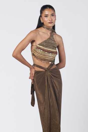 Rishi And Vibhuti Olive Green Silk, Chanderi, Crepe Halter Bebo Scarf Blouse And Knotted Skirt Set Online at Aza Fashions Rishi And Vibhuti_Olive Green Silk, Chanderi, Crepe Halter Bebo Scarf Blouse And Knotted Skirt Set _Online_at_Aza_Fashions
