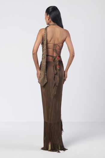Rishi And Vibhuti Olive Bebo Scarf Blouse & Knotted Skirt Set 