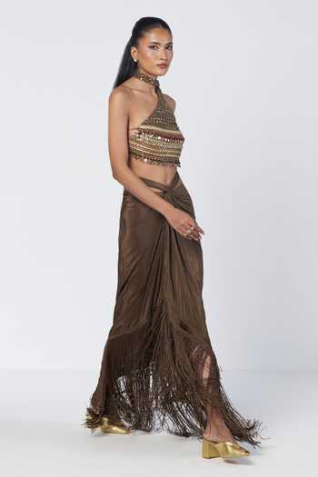 Buy Rishi And Vibhuti Olive Green Silk, Chanderi, Crepe Halter Bebo Scarf Blouse And Knotted Skirt Set Online at Aza Fashions Buy_Rishi And Vibhuti_Olive Green Silk, Chanderi, Crepe Halter Bebo Scarf Blouse And Knotted Skirt Set _Online_at_Aza_Fashions