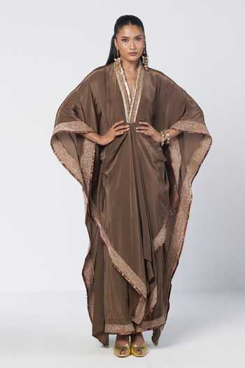 Rishi And Vibhuti_Olive Green Crepe V-neck Azra Kaftan And Pant Set _Online_at_Aza_Fashions