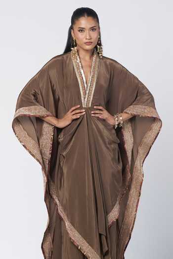 Buy_Rishi And Vibhuti_Olive Green Crepe V-neck Azra Kaftan And Pant Set _Online_at_Aza_Fashions