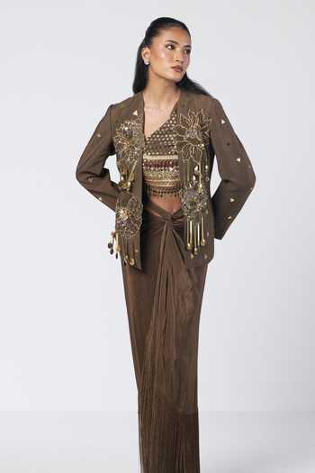Rishi And Vibhuti_Olive Green Silk, Chanderi, Crepe Bebo Embellished Jacket And Draped Skirt Set _Online_at_Aza_Fashions