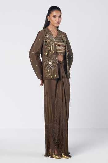 Buy_Rishi And Vibhuti_Olive Green Silk, Chanderi, Crepe Bebo Embellished Jacket And Draped Skirt Set _Online_at_Aza_Fashions