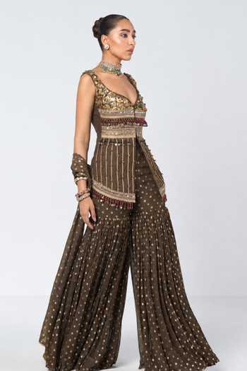 Rishi And Vibhuti_Olive Green Silk, Georgette, Dupion, Ghungroo Embellished Kurta Sharara Set _Online_at_Aza_Fashions