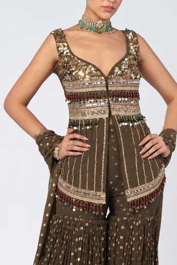 Buy_Rishi And Vibhuti_Olive Green Silk, Georgette, Dupion, Ghungroo Embellished Kurta Sharara Set _Online_at_Aza_Fashions
