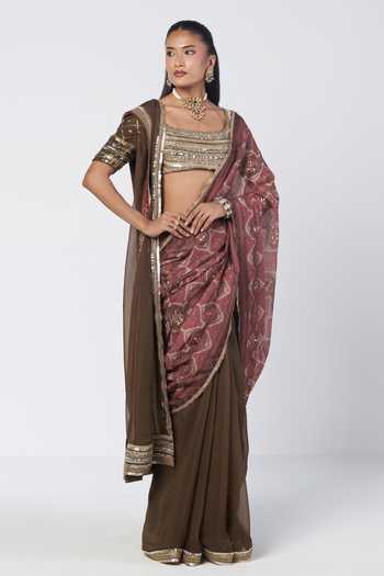 Rishi And Vibhuti_Brown Silk, Organza, Dupion Square Goblet Printed Saree With Embellished Blouse _Online_at_Aza_Fashions