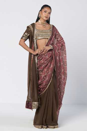 Rishi And Vibhuti Goblet Printed Saree With Embellished Blouse