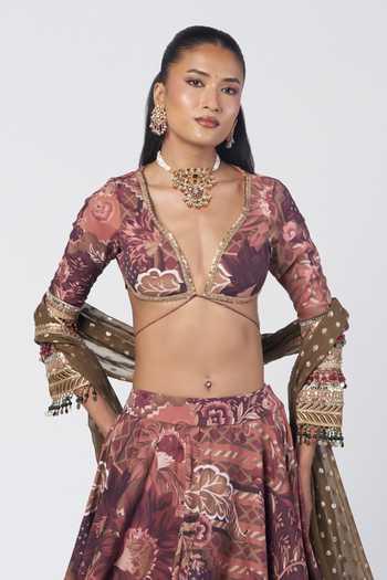 Rishi And Vibhuti Brown Georgette, Crepe, Jacquard Plunge Neck Armlet Printed Blouse And Lehnga Set Online at Aza Fashions Rishi And Vibhuti_Brown Georgette, Crepe, Jacquard Plunge Neck Armlet Printed Blouse And Lehnga Set _Online_at_Aza_Fashions