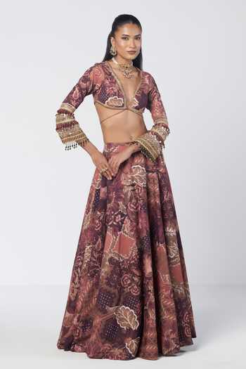 Buy Rishi And Vibhuti Brown Georgette, Crepe, Jacquard Plunge Neck Armlet Printed Blouse And Lehnga Set Online at Aza Fashions Buy_Rishi And Vibhuti_Brown Georgette, Crepe, Jacquard Plunge Neck Armlet Printed Blouse And Lehnga Set _Online_at_Aza_Fashions