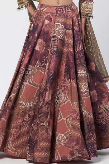 Shop Rishi And Vibhuti Brown Georgette, Crepe, Jacquard Plunge Neck Armlet Printed Blouse And Lehnga Set Online at Aza Fashions Shop_Rishi And Vibhuti_Brown Georgette, Crepe, Jacquard Plunge Neck Armlet Printed Blouse And Lehnga Set _Online_at_Aza_Fashions