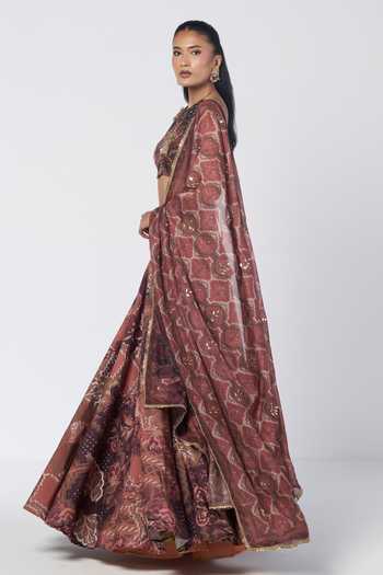 Rishi And Vibhuti_Brown Organza, Crepe Halter Neck Patakha Printed Lehenga Set _Online_at_Aza_Fashions
