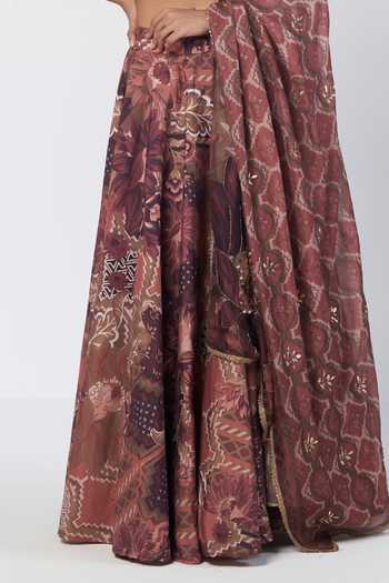 Buy_Rishi And Vibhuti_Brown Organza, Crepe Halter Neck Patakha Printed Lehenga Set _Online_at_Aza_Fashions