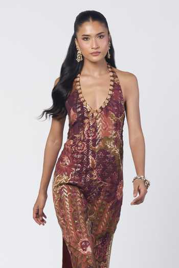 Buy Rishi And Vibhuti Brown Cotton, Jacquard V-, Halter Shararat Embellished Dress Online at Aza Fashions Buy_Rishi And Vibhuti_Brown Cotton, Jacquard V-, Halter Shararat Embellished Dress _Online_at_Aza_Fashions