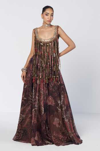 Rishi And Vibhuti Mocha Charm Tassel Blouse & Lehenga Set