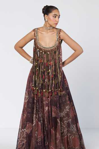 Rishi And Vibhuti Brown Silk, Organza, Dupion Scoop Neck Mocha Charm Tassel Blouse And Lehenga Set Online at Aza Fashions Rishi And Vibhuti_Brown Silk, Organza, Dupion Scoop Neck Mocha Charm Tassel Blouse And Lehenga Set _Online_at_Aza_Fashions