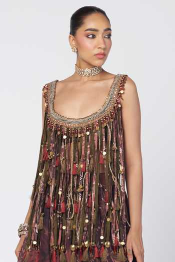Shop Rishi And Vibhuti Brown Silk, Organza, Dupion Scoop Neck Mocha Charm Tassel Blouse And Lehenga Set Online at Aza Fashions Shop_Rishi And Vibhuti_Brown Silk, Organza, Dupion Scoop Neck Mocha Charm Tassel Blouse And Lehenga Set _Online_at_Aza_Fashions