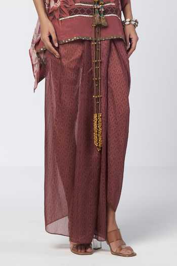 Rishi And Vibhuti_Brown Organza, Crepe Round Neck Pannel Short Tunic And Draped Skirt Set _Online_at_Aza_Fashions