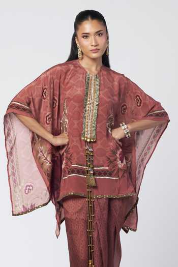 Buy_Rishi And Vibhuti_Brown Organza, Crepe Round Neck Pannel Short Tunic And Draped Skirt Set _Online_at_Aza_Fashions