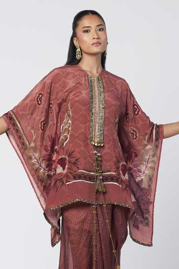 Shop_Rishi And Vibhuti_Brown Organza, Crepe Round Neck Pannel Short Tunic And Draped Skirt Set _Online_at_Aza_Fashions