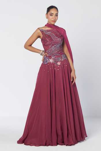 Rishi And Vibhuti_Wine Organza Sequins, Beads, Param Sundari Embellished Corset Lehenga Set _Online_at_Aza_Fashions