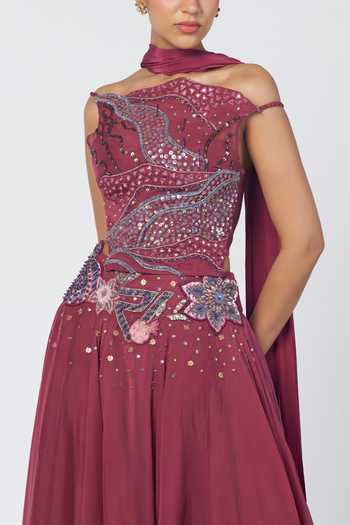 Shop_Rishi And Vibhuti_Wine Organza Sequins, Beads, Param Sundari Embellished Corset Lehenga Set _Online_at_Aza_Fashions