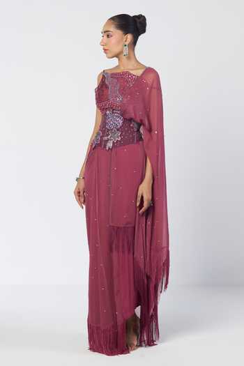 Rishi And Vibhuti_Wine Organza, Chiffon Embroidery, Param Sundari Pre-draped Saree Set With Corset _Online_at_Aza_Fashions