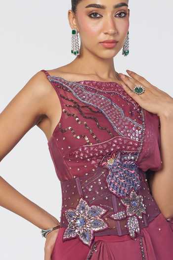 Buy_Rishi And Vibhuti_Wine Organza, Chiffon Embroidery, Param Sundari Pre-draped Saree Set With Corset _Online_at_Aza_Fashions