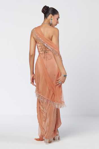 Rishi And Vibhuti Biscoff Crush Pre-Draped Saree With Corset 