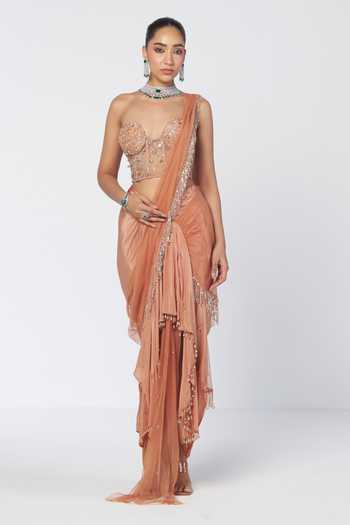 Rishi And Vibhuti_Peach Net, Crepe Beads Sweetheart Biscoff Crush Pre-draped Saree With Corset _Online_at_Aza_Fashions