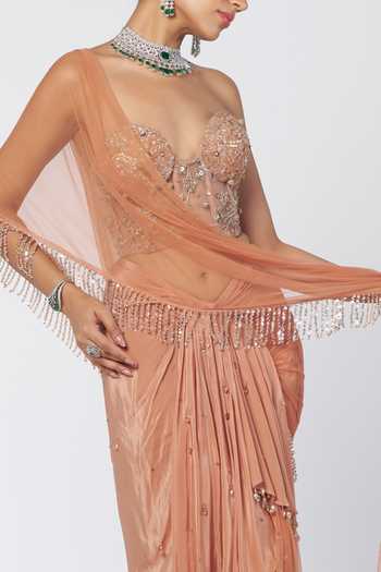 Buy_Rishi And Vibhuti_Peach Net, Crepe Beads Sweetheart Biscoff Crush Pre-draped Saree With Corset _Online_at_Aza_Fashions