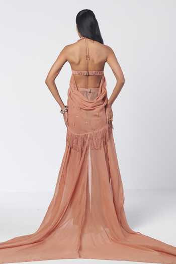 Rishi And Vibhuti Almond Mist Draped Bralette With Pant 