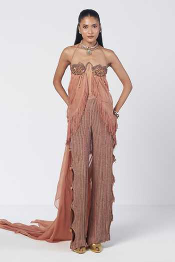 Rishi And Vibhuti_Peach Cotton, Organza Embroidery, Sequins, Almond Mist Draped Bralette With Pant _Online_at_Aza_Fashions