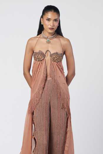 Buy_Rishi And Vibhuti_Peach Cotton, Organza Embroidery, Sequins, Almond Mist Draped Bralette With Pant _Online_at_Aza_Fashions