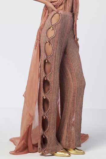 Shop_Rishi And Vibhuti_Peach Cotton, Organza Embroidery, Sequins, Almond Mist Draped Bralette With Pant _Online_at_Aza_Fashions