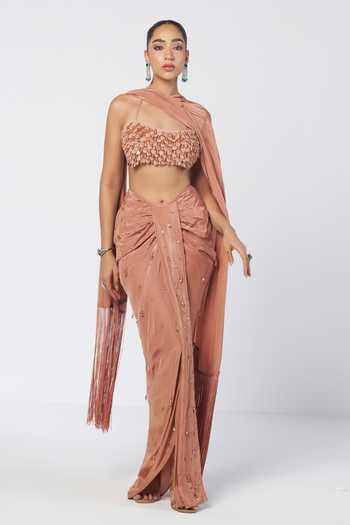 Rishi And Vibhuti Biscoff Crush Embroidered Bralette Draped Skirt Set