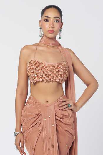 Buy_Rishi And Vibhuti_Peach Crepe Beads Halter Biscoff Crush Embroidered Bralette Draped Skirt Set _Online_at_Aza_Fashions