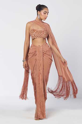 Shop_Rishi And Vibhuti_Peach Crepe Beads Halter Biscoff Crush Embroidered Bralette Draped Skirt Set _Online_at_Aza_Fashions