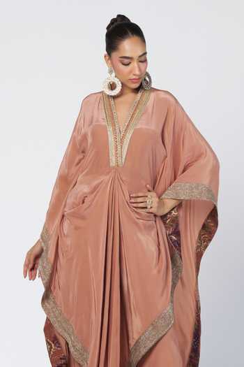 Rishi And Vibhuti Peach Crepe V-neck Azra Biscoff Kaftan And Pant Set Online at Aza Fashions Rishi And Vibhuti_Peach Crepe V-neck Azra Biscoff Kaftan And Pant Set _Online_at_Aza_Fashions