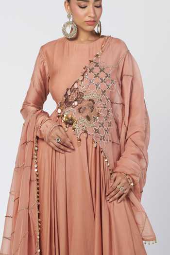 Buy Rishi And Vibhuti Peach Silk, Organza, Chanderi Round Biscoff Anarkali With Embroidered Dupatta Online at Aza Fashions Buy_Rishi And Vibhuti_Peach Silk, Organza, Chanderi Round Biscoff Anarkali With Embroidered Dupatta _Online_at_Aza_Fashions
