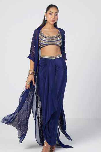Rishi And Vibhuti Blue Organza, Georgette, Crepe, Jacquard Scoop Jhim Karl Cape And Draped Skirt Set Online at Aza Fashions Rishi And Vibhuti_Blue Organza, Georgette, Crepe, Jacquard Scoop Jhim Karl Cape And Draped Skirt Set _Online_at_Aza_Fashions