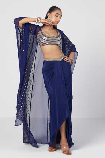 Buy Rishi And Vibhuti Blue Organza, Georgette, Crepe, Jacquard Scoop Jhim Karl Cape And Draped Skirt Set Online at Aza Fashions Buy_Rishi And Vibhuti_Blue Organza, Georgette, Crepe, Jacquard Scoop Jhim Karl Cape And Draped Skirt Set _Online_at_Aza_Fashions