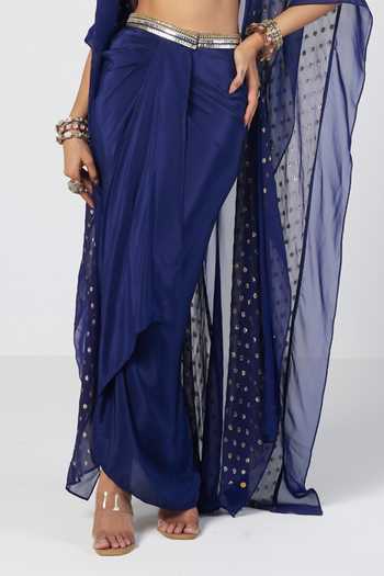 Shop Rishi And Vibhuti Blue Organza, Georgette, Crepe, Jacquard Scoop Jhim Karl Cape And Draped Skirt Set Online at Aza Fashions Shop_Rishi And Vibhuti_Blue Organza, Georgette, Crepe, Jacquard Scoop Jhim Karl Cape And Draped Skirt Set _Online_at_Aza_Fashions