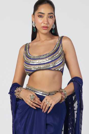 Rishi And Vibhuti Blue Organza, Georgette, Crepe, Jacquard Scoop Jhim Karl Cape And Draped Skirt Set at Aza Fashions Rishi And Vibhuti_Blue Organza, Georgette, Crepe, Jacquard Scoop Jhim Karl Cape And Draped Skirt Set _at_Aza_Fashions