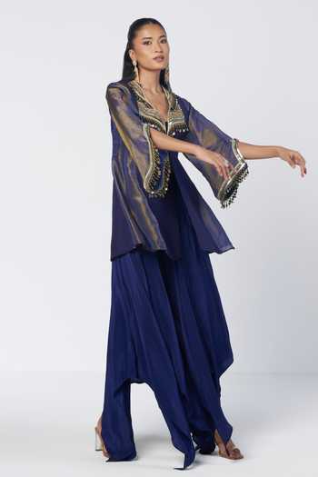 Buy_Rishi And Vibhuti_Blue Silk, Chanderi, Crepe, Tissue Minmin Embroidered Jacket And Flared Pant Set _Online_at_Aza_Fashions