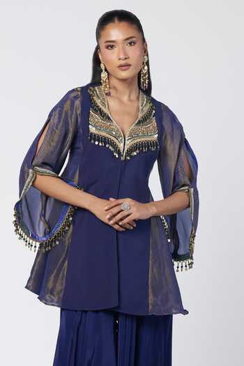 Shop_Rishi And Vibhuti_Blue Silk, Chanderi, Crepe, Tissue Minmin Embroidered Jacket And Flared Pant Set _Online_at_Aza_Fashions