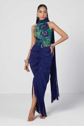 Rishi And Vibhuti Blue Crepe, Net, Lycra Embroidery, Sequins, Rimjhim Bodysuit And Draped Skirt Set Online at Aza Fashions Rishi And Vibhuti_Blue Crepe, Net, Lycra Embroidery, Sequins, Rimjhim Bodysuit And Draped Skirt Set _Online_at_Aza_Fashions