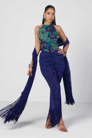 Rishi And Vibhuti Rimjhim Bodysuit & Draped Skirt Set 