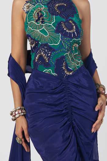 Shop Rishi And Vibhuti Blue Crepe, Net, Lycra Embroidery, Sequins, Rimjhim Bodysuit And Draped Skirt Set Online at Aza Fashions Shop_Rishi And Vibhuti_Blue Crepe, Net, Lycra Embroidery, Sequins, Rimjhim Bodysuit And Draped Skirt Set _Online_at_Aza_Fashions